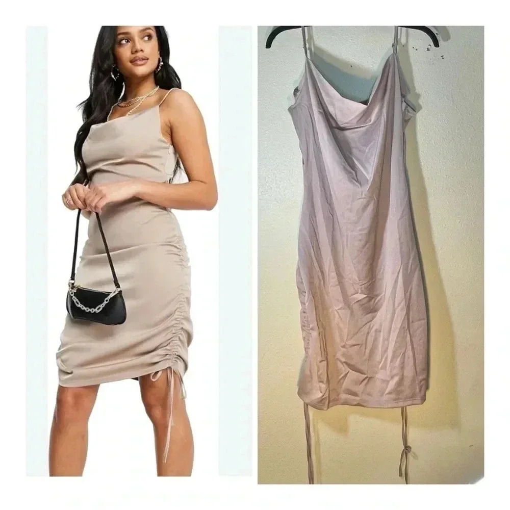 Unique21 Slip Dress Women UK 12 US 8 Gathered Side Satin Cowl Neck Zip Taupe NEW